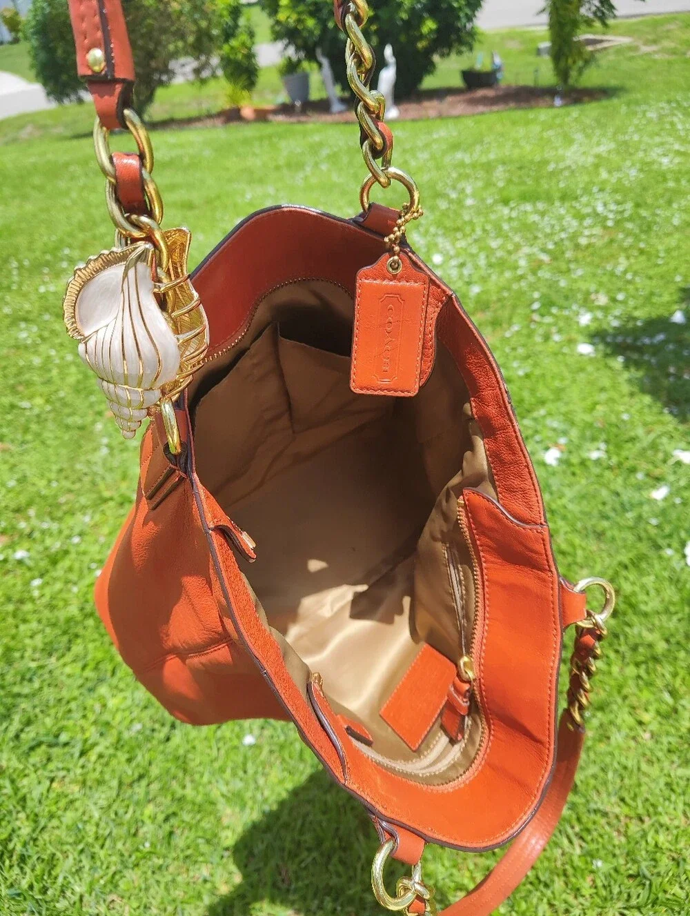 Coach Leather Tote in Rust Orange with Gold Chain Straps